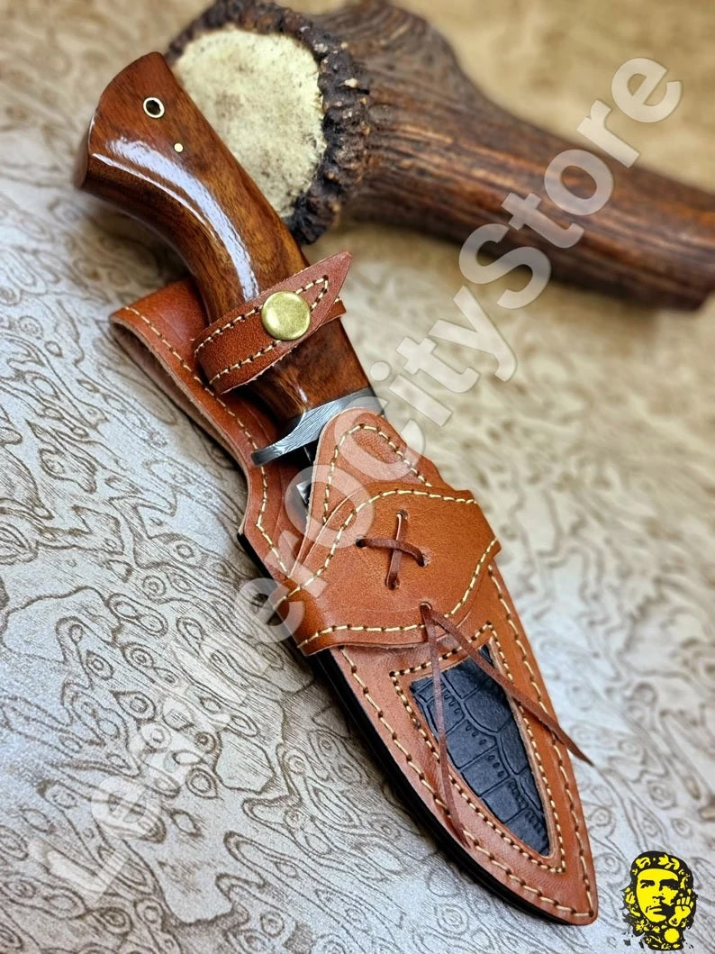 11" Inch Handmade Damascus Steel Hunting knife Handle Deer Antler leather Sheath Handle and Clip, Hand forged Damascus knife Non slip walnut