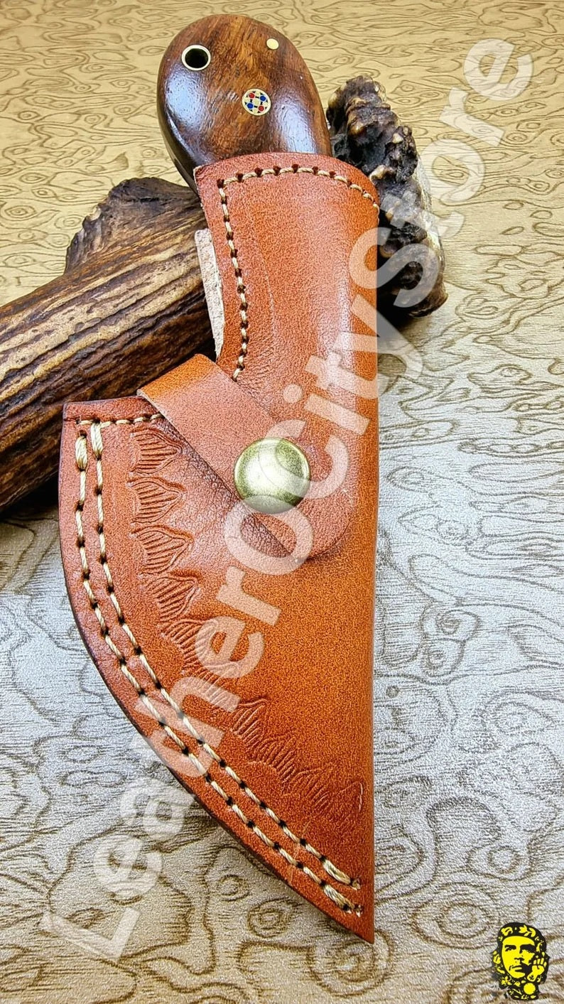 7.50 Inch Custom Handmade Damascus Steel finger hole skinning Hunting Dagger Knife- With Leather Sheath, Damascus knife, Hunting knife